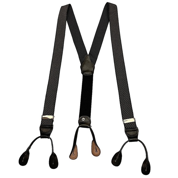 UNBRANDED Made In England Line and Dot Textile and Leather Button On Suspenders - Picture 2 of 9